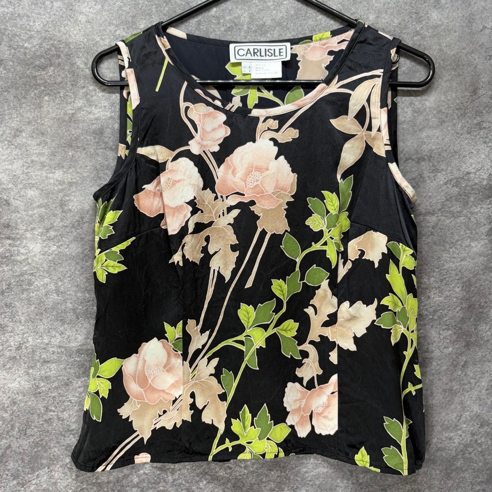 Carlisle 100% Silk Sleeveless Tank Top Womens 4 Black Pink Floral Whimsigoth